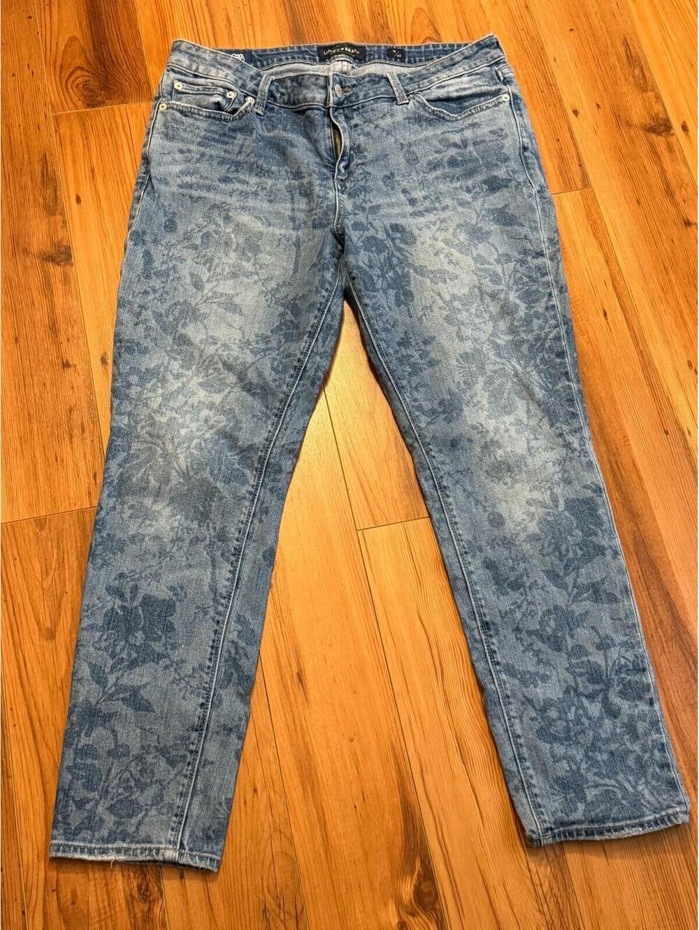 Lucky Brand Floral Print Blue Denim Jeans Straight Leg Women’s 14x32